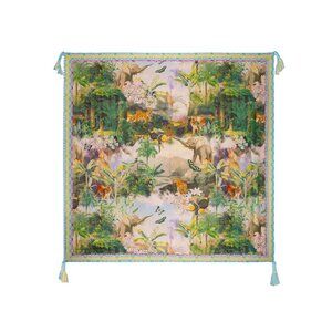 Johnny Was Rawi Silk Scarf Print Square Large Nature Green Tassels 44"x44" NEW